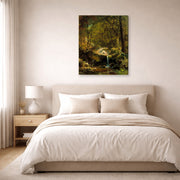 Gallery-wrapped canvas print of Albert Bierstadt's 'Mountain Brook' displayed on a wall in a bedroom