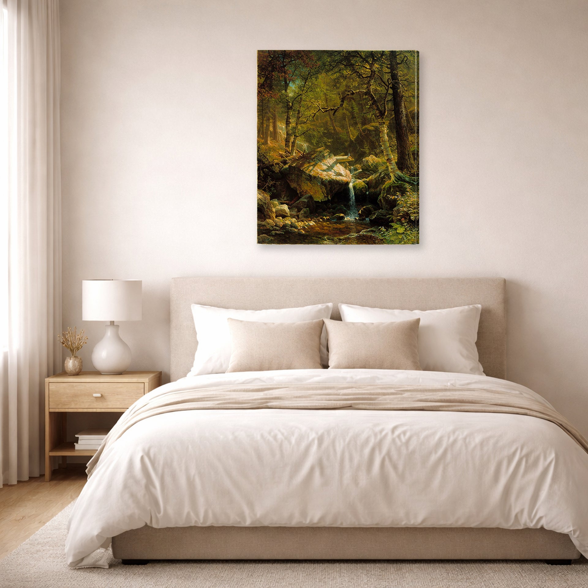 Gallery-wrapped canvas print of Albert Bierstadt's 'Mountain Brook' displayed on a wall in a bedroom