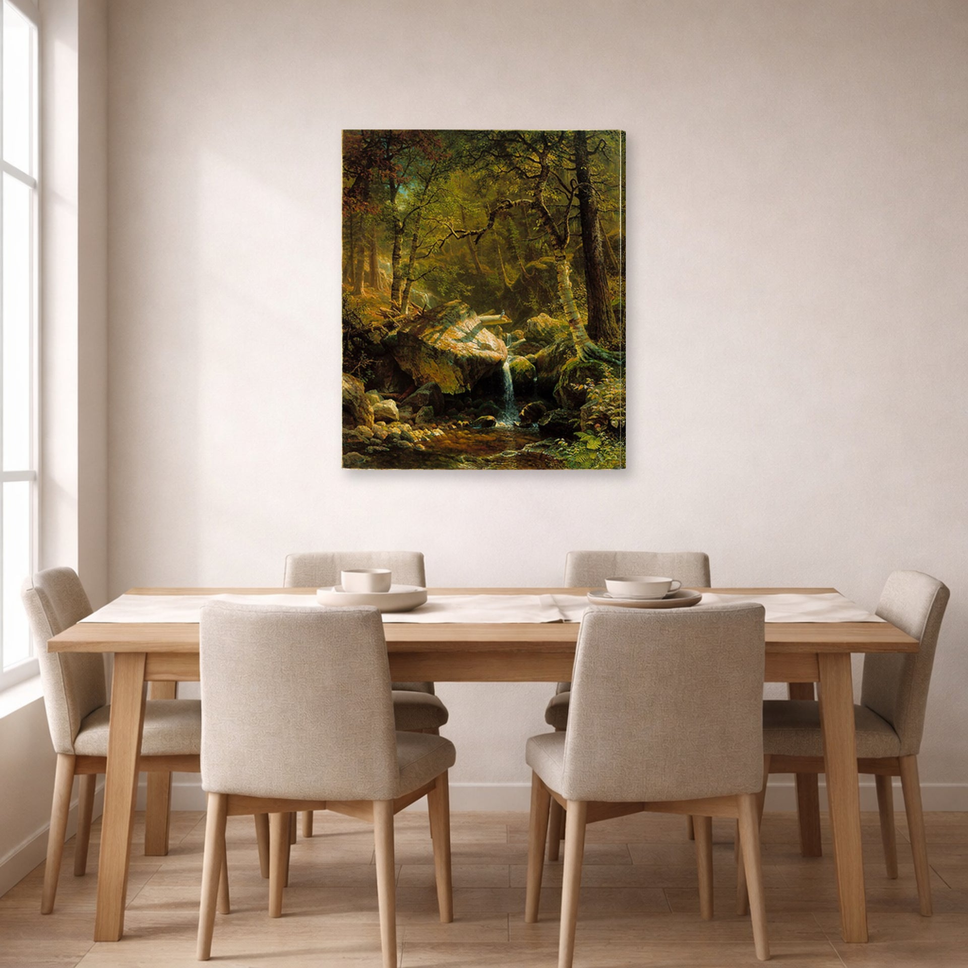 Gallery-wrapped canvas print of Albert Bierstadt's 'Mountain Brook' displayed on a wall in a dining room