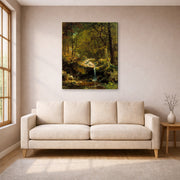 Gallery-wrapped canvas print of Albert Bierstadt's 'Mountain Brook' displayed on a wall in a living room