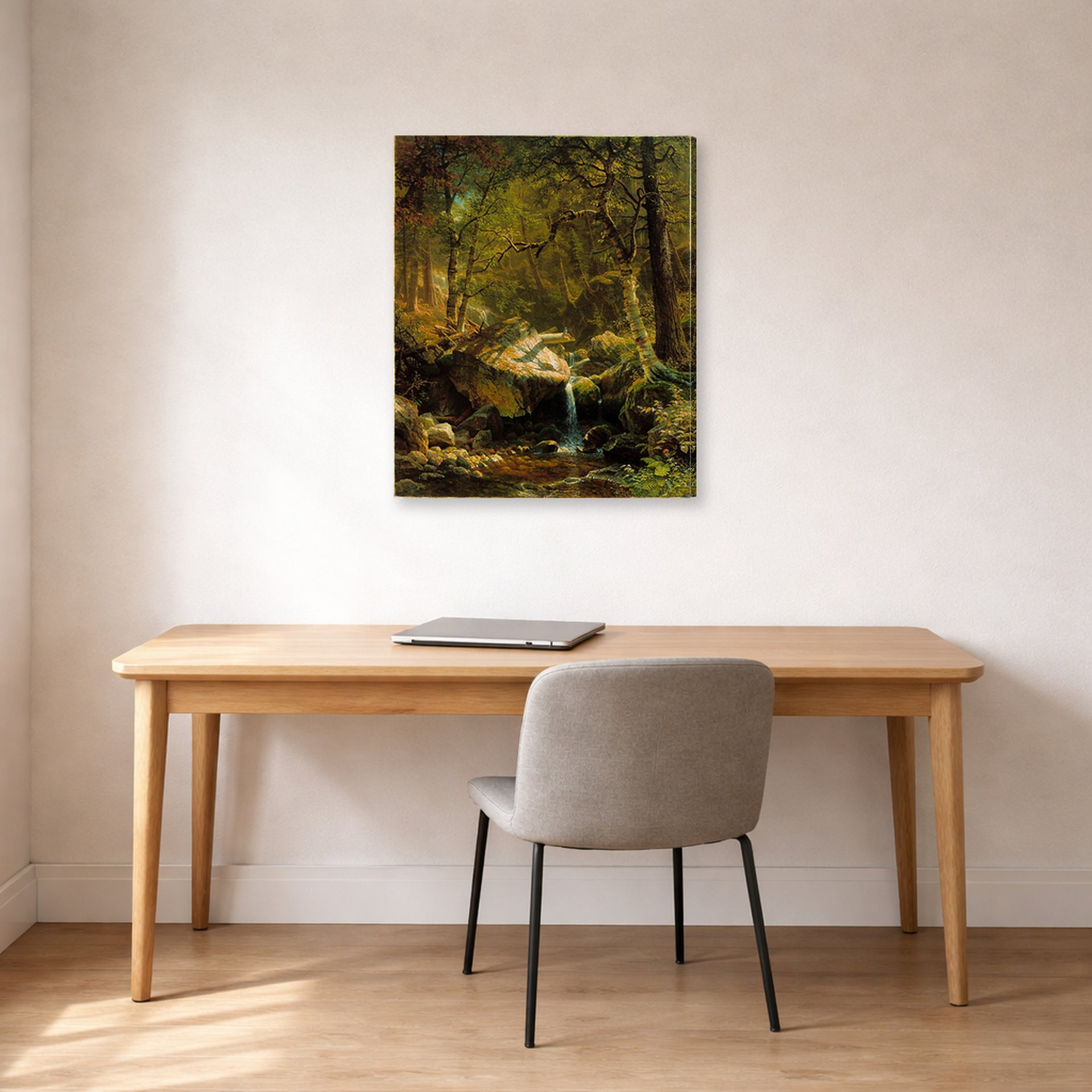 Gallery-wrapped canvas print of Albert Bierstadt's 'Mountain Brook' displayed on a wall in a office