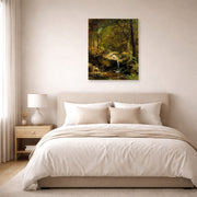 Unframed poster print of Albert Bierstadt's 'Mountain Brook' displayed on a wall in a bedroom