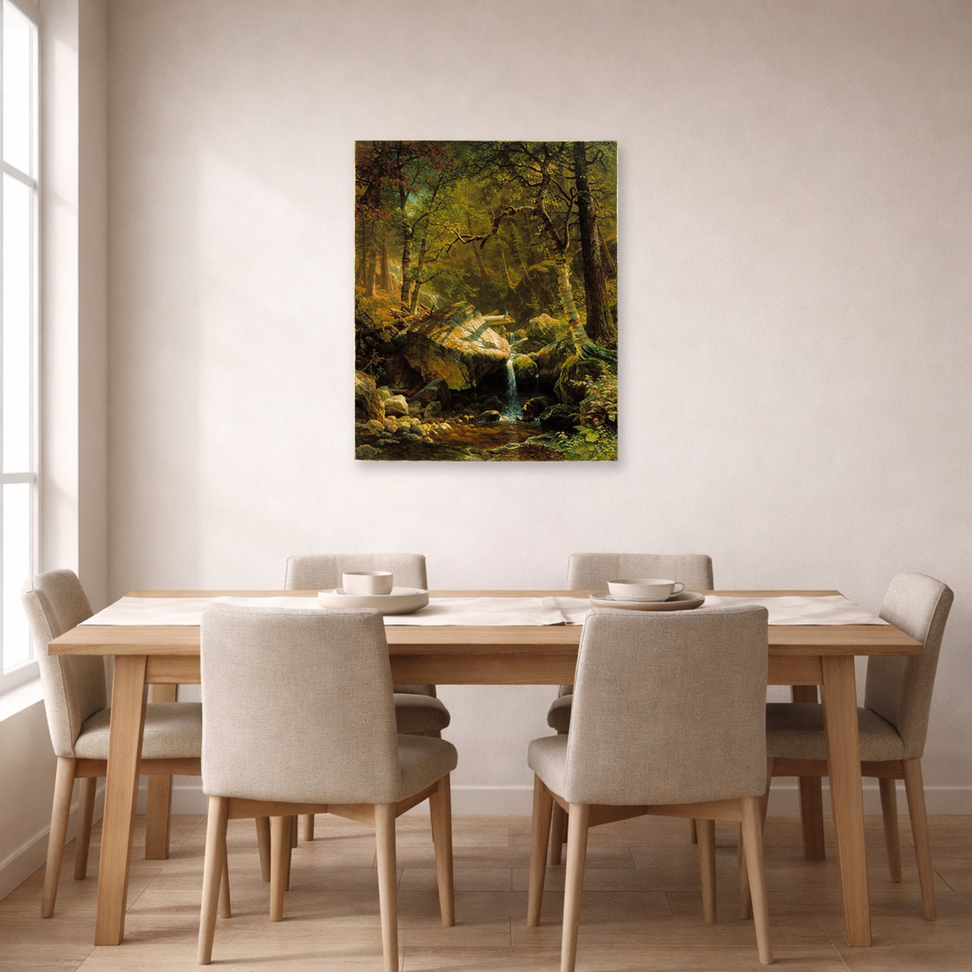Unframed poster print of Albert Bierstadt's 'Mountain Brook' displayed on a wall in a dining room