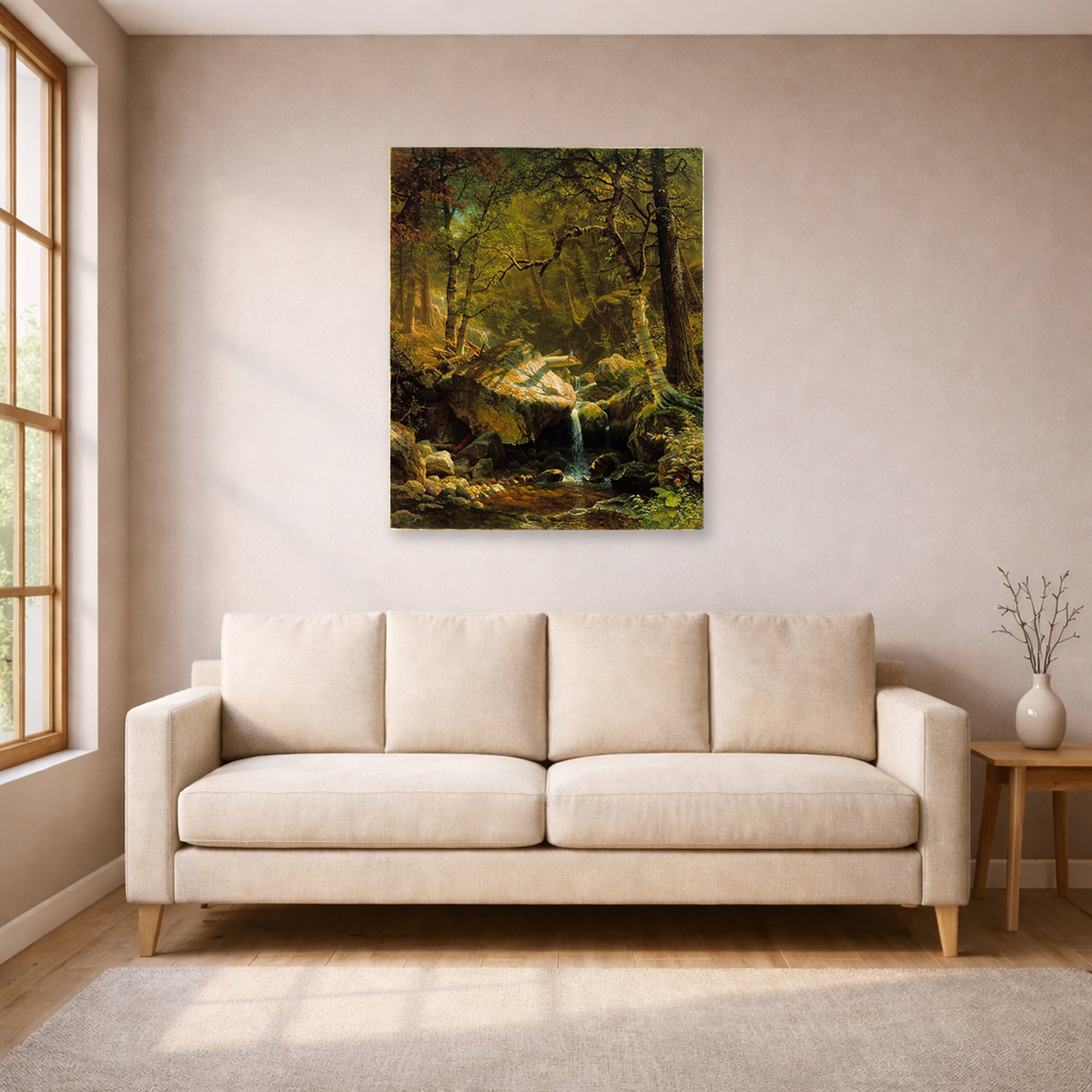 Unframed poster print of Albert Bierstadt's 'Mountain Brook' displayed on a wall in a living room