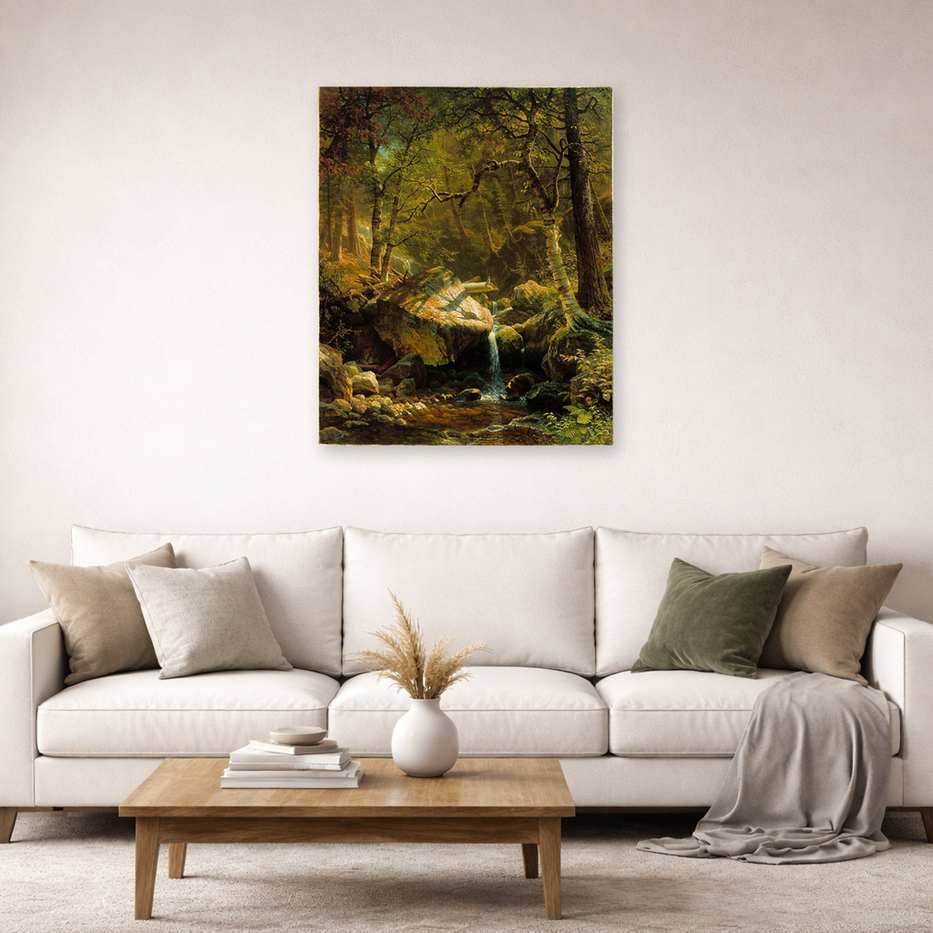 Unframed poster print of Albert Bierstadt's 'Mountain Brook' displayed on a wall in a living room