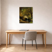 Unframed poster print of Albert Bierstadt's 'Mountain Brook' displayed on a wall in a office