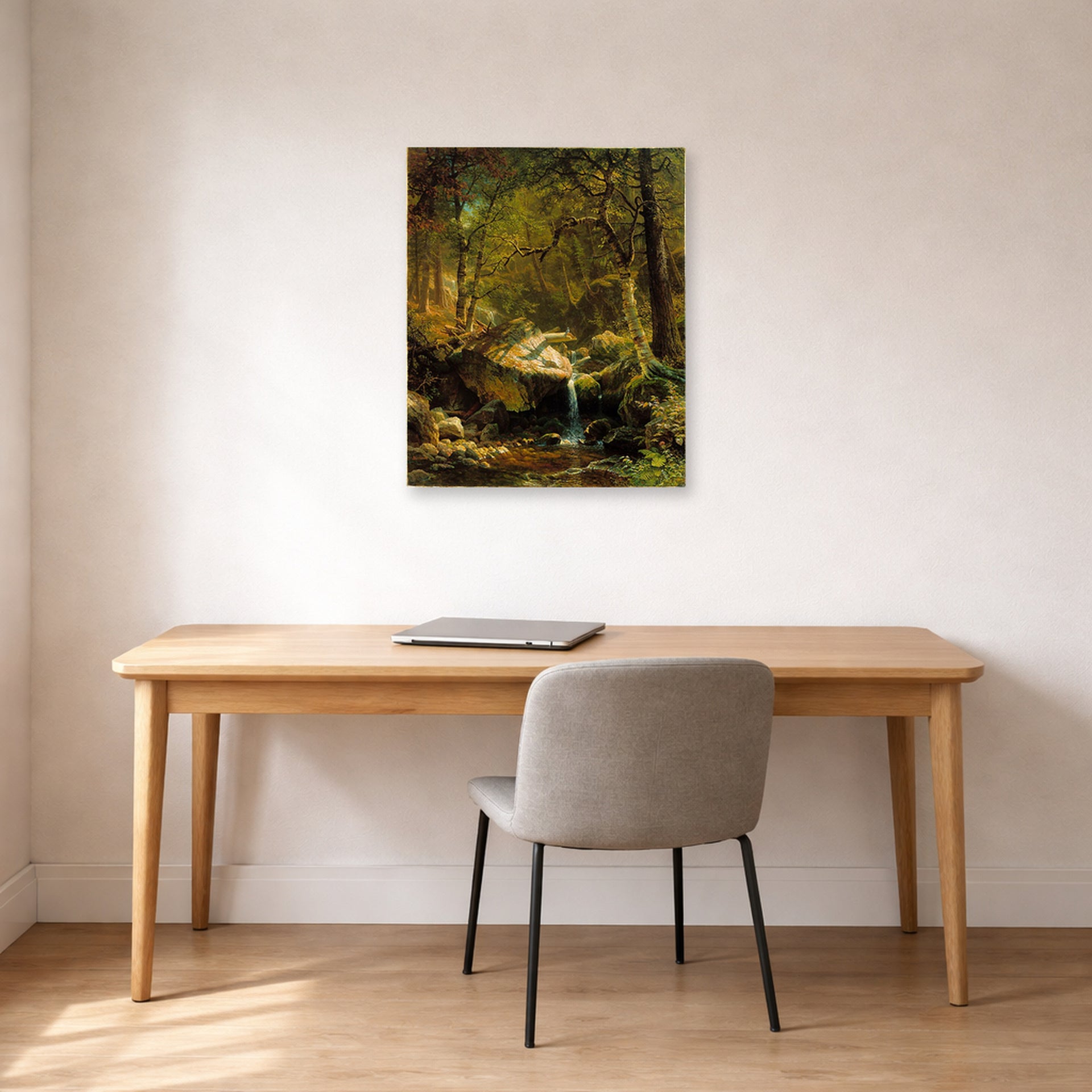 Unframed poster print of Albert Bierstadt's 'Mountain Brook' displayed on a wall in a office