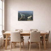 Gallery-wrapped canvas print of Albert Bierstadt's 'Mountain Goats' displayed on a wall in a dining room