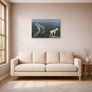 Gallery-wrapped canvas print of Albert Bierstadt's 'Mountain Goats' displayed on a wall in a living room