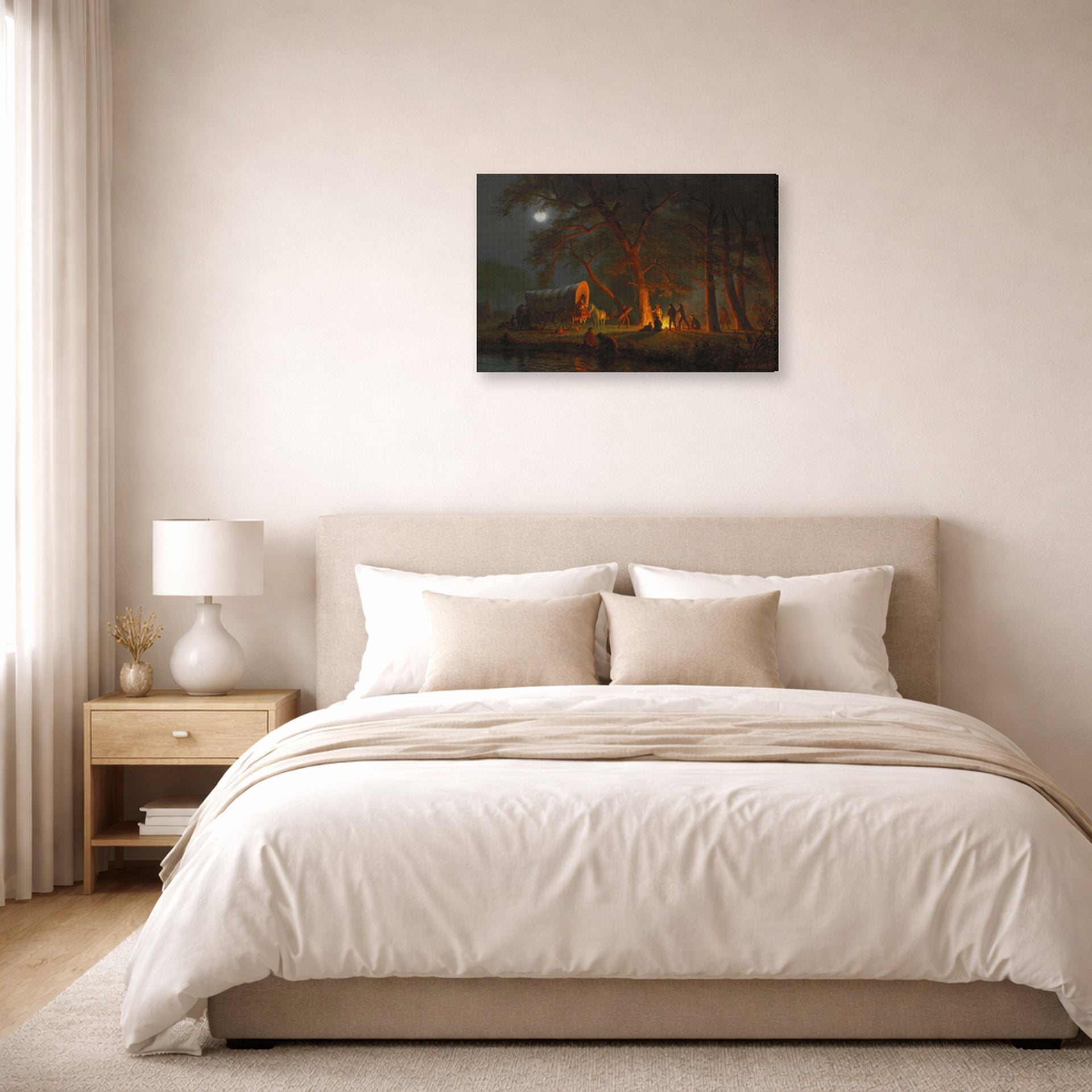 Gallery-wrapped canvas print of Albert Bierstadt's 'Oregon Trail' displayed on a wall in a bedroom