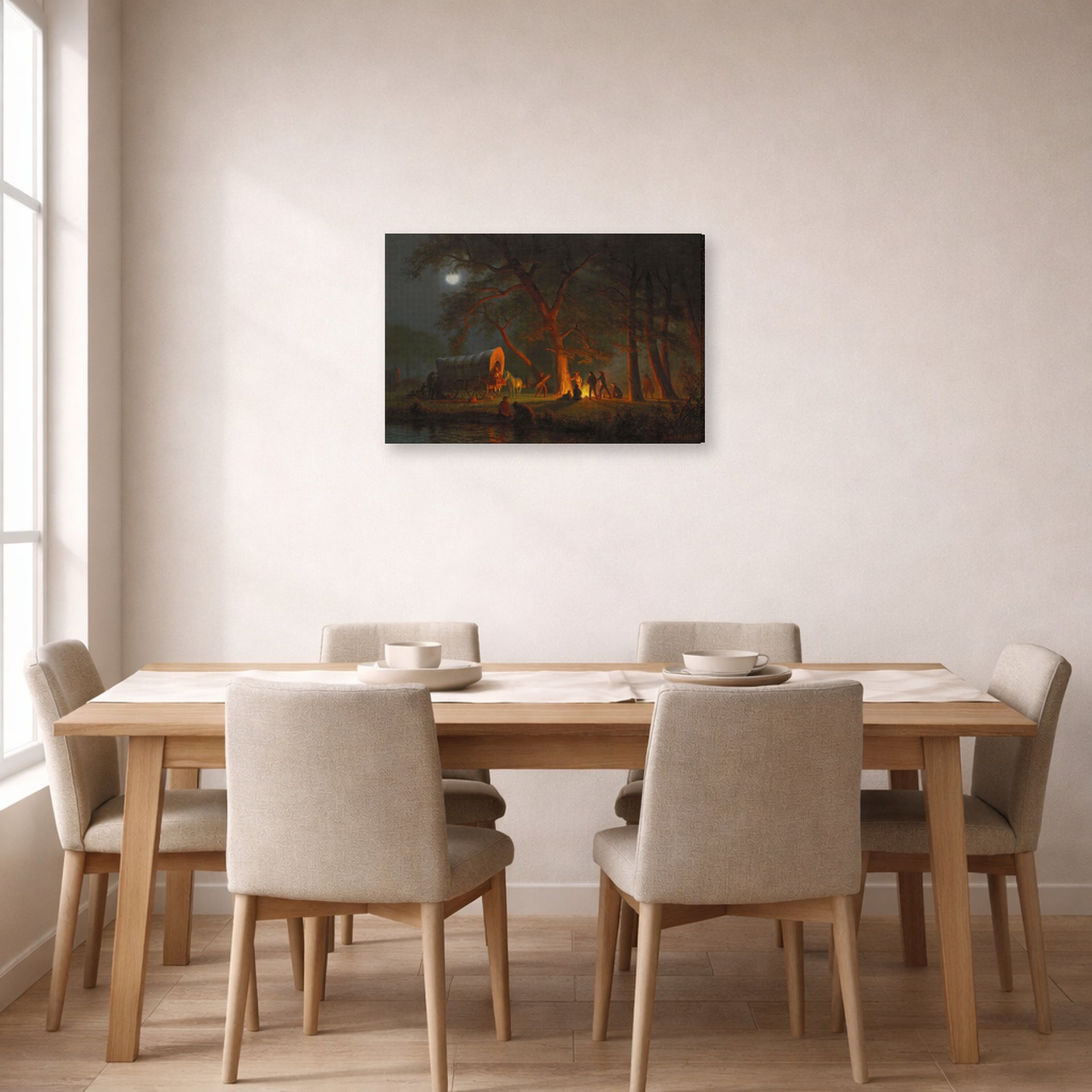 Gallery-wrapped canvas print of Albert Bierstadt's 'Oregon Trail' displayed on a wall in a dining room