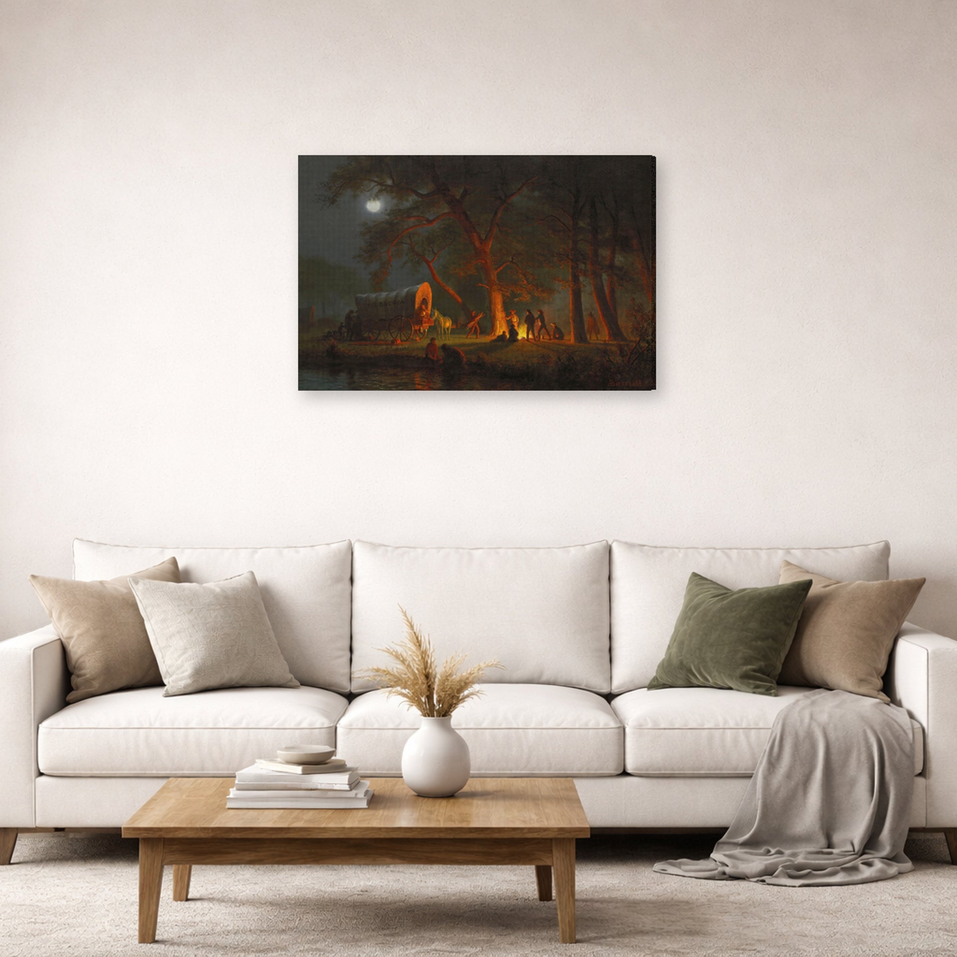 Gallery-wrapped canvas print of Albert Bierstadt's 'Oregon Trail' displayed on a wall in a living room