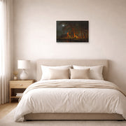 Unframed poster print of Albert Bierstadt's 'Oregon Trail' displayed on a wall in a bedroom