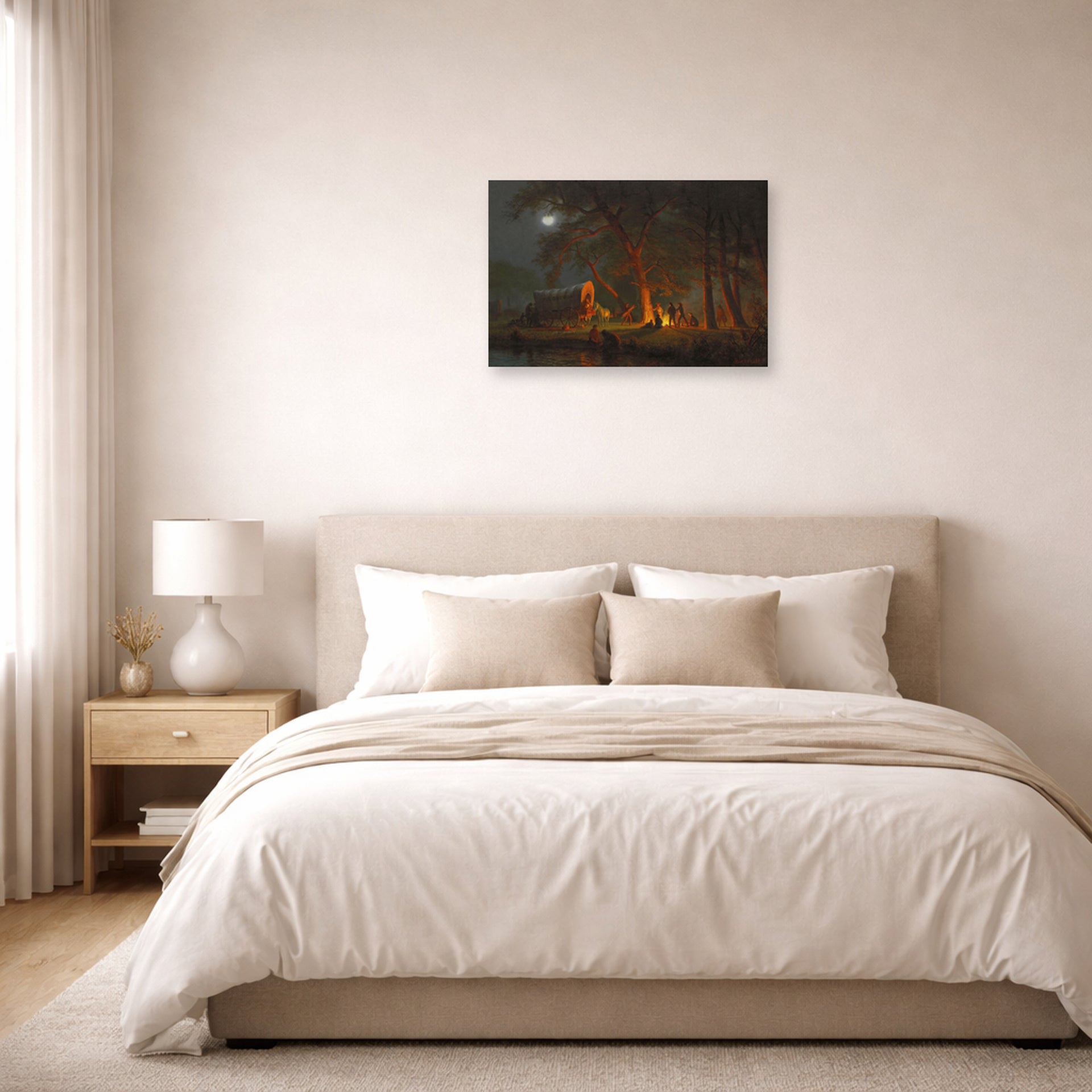 Unframed poster print of Albert Bierstadt's 'Oregon Trail' displayed on a wall in a bedroom