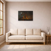 Unframed poster print of Albert Bierstadt's 'Oregon Trail' displayed on a wall in a living room