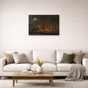 Unframed poster print of Albert Bierstadt's 'Oregon Trail' displayed on a wall in a living room