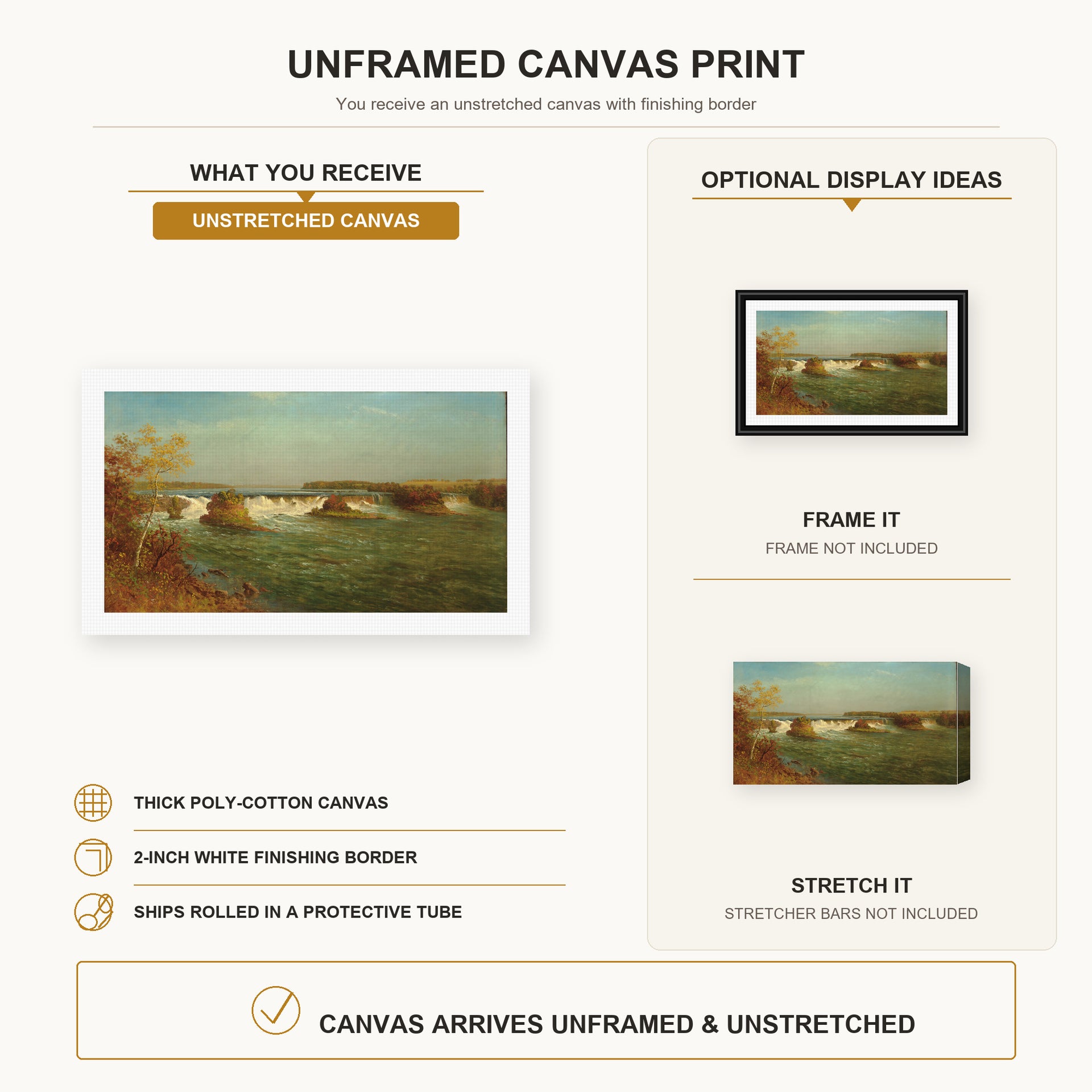 Albert Bierstadt - The Falls of Saint Anthony canvas print size comparison and framing display infographic