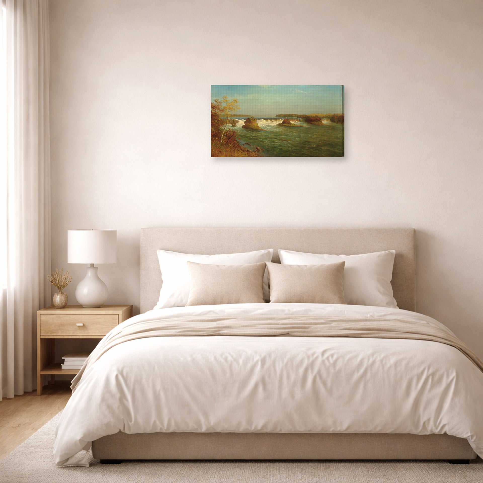 Gallery-wrapped canvas print of Albert Bierstadt's 'The Falls of Saint Anthony' displayed on a wall in a bedroom
