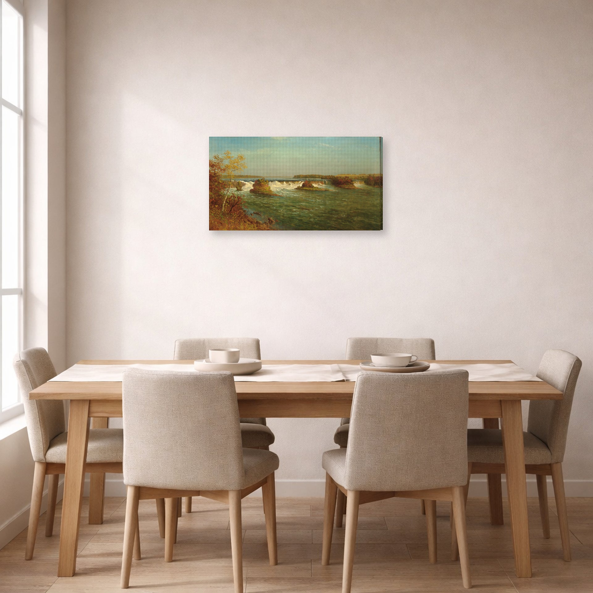 Gallery-wrapped canvas print of Albert Bierstadt's 'The Falls of Saint Anthony' displayed on a wall in a dining room