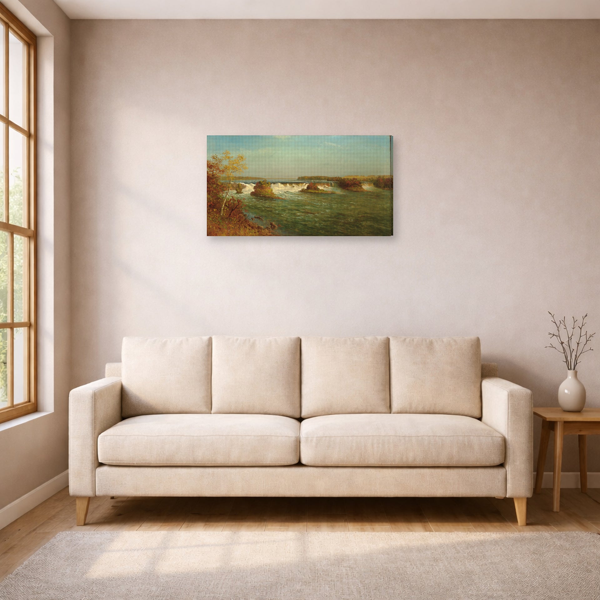 Gallery-wrapped canvas print of Albert Bierstadt's 'The Falls of Saint Anthony' displayed on a wall in a living room