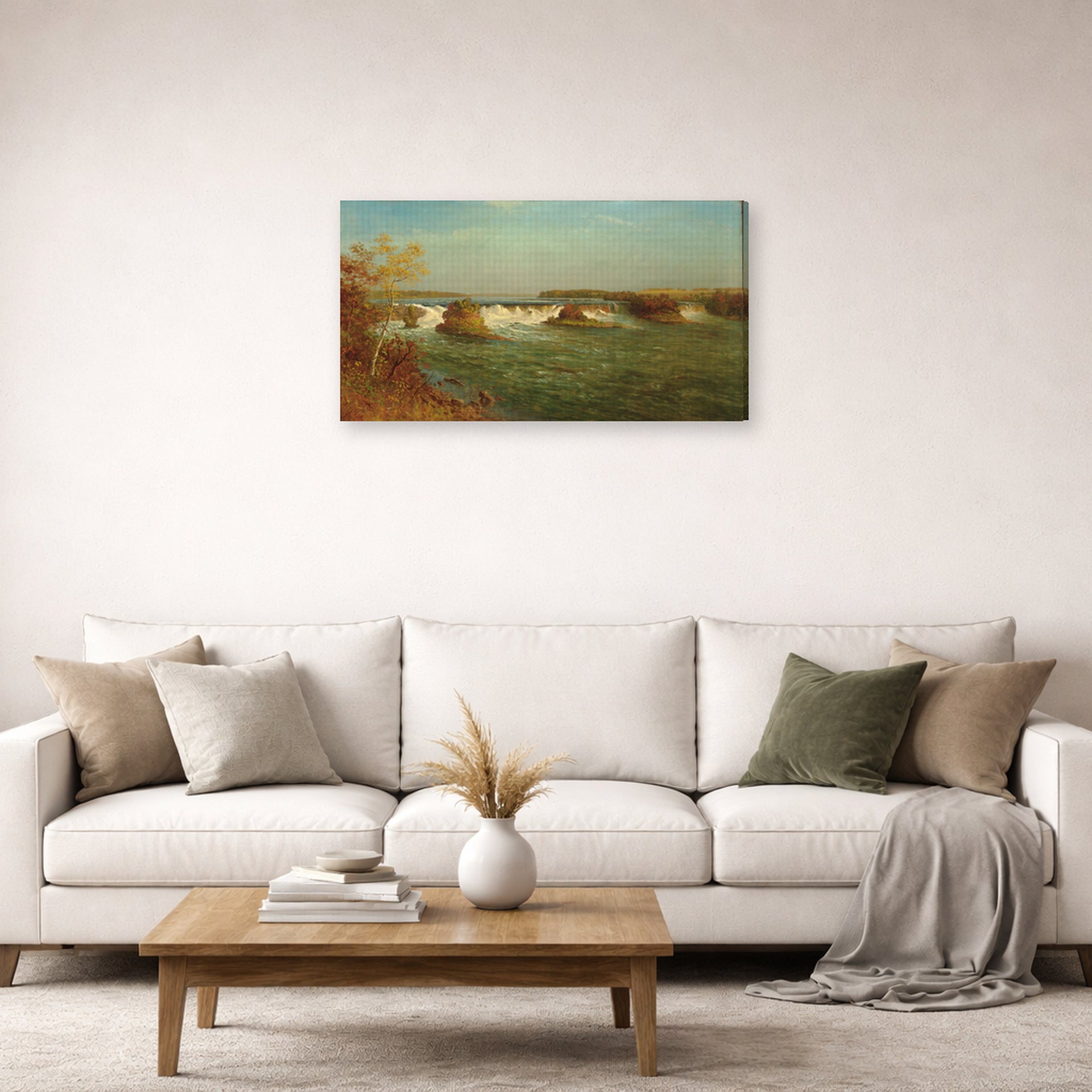 Gallery-wrapped canvas print of Albert Bierstadt's 'The Falls of Saint Anthony' displayed on a wall in a living room