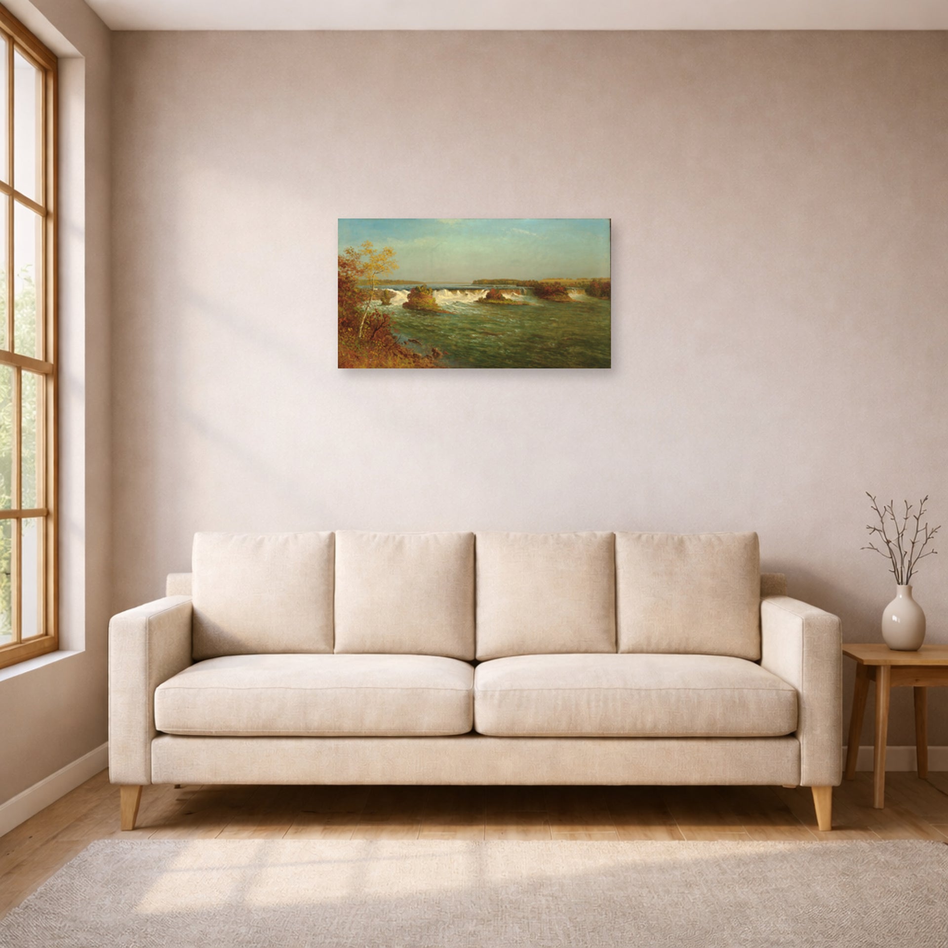 Unframed poster print of Albert Bierstadt's 'The Falls of Saint Anthony' displayed on a wall in a living room