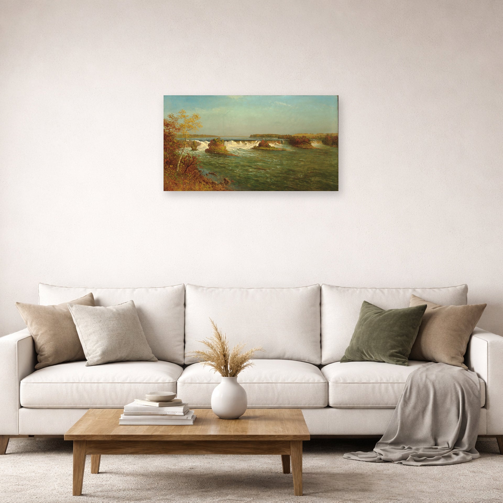 Unframed poster print of Albert Bierstadt's 'The Falls of Saint Anthony' displayed on a wall in a living room