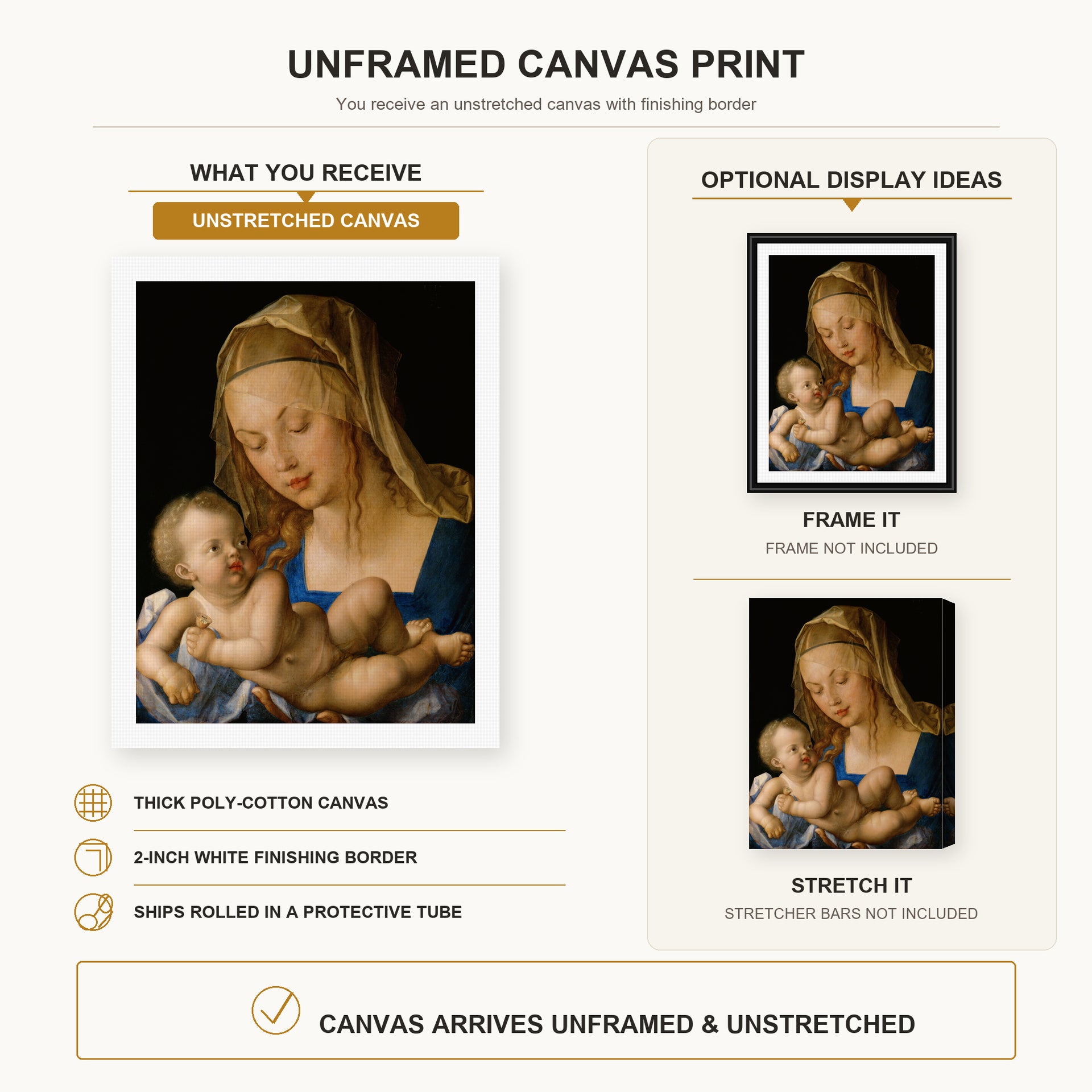 Albrecht Durer - Madonna of the Pear - canvas print combined product and display infographic frame and bars not included