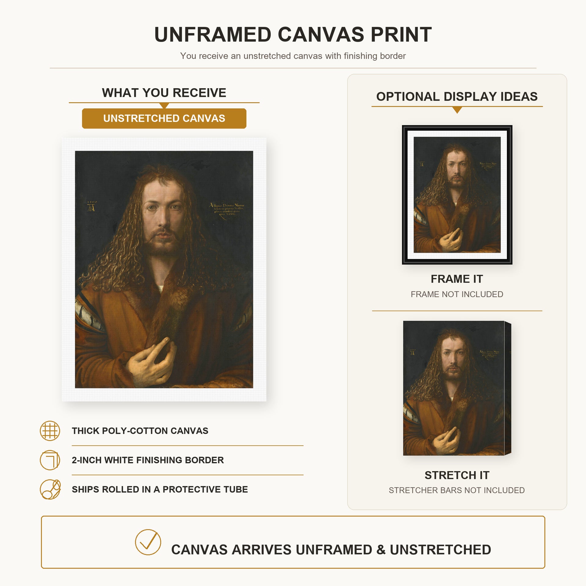 Albrecht Durer - Self Portrait at the Age of Twenty Eight 1500 - canvas print combined product and display infographic frame and bars not included