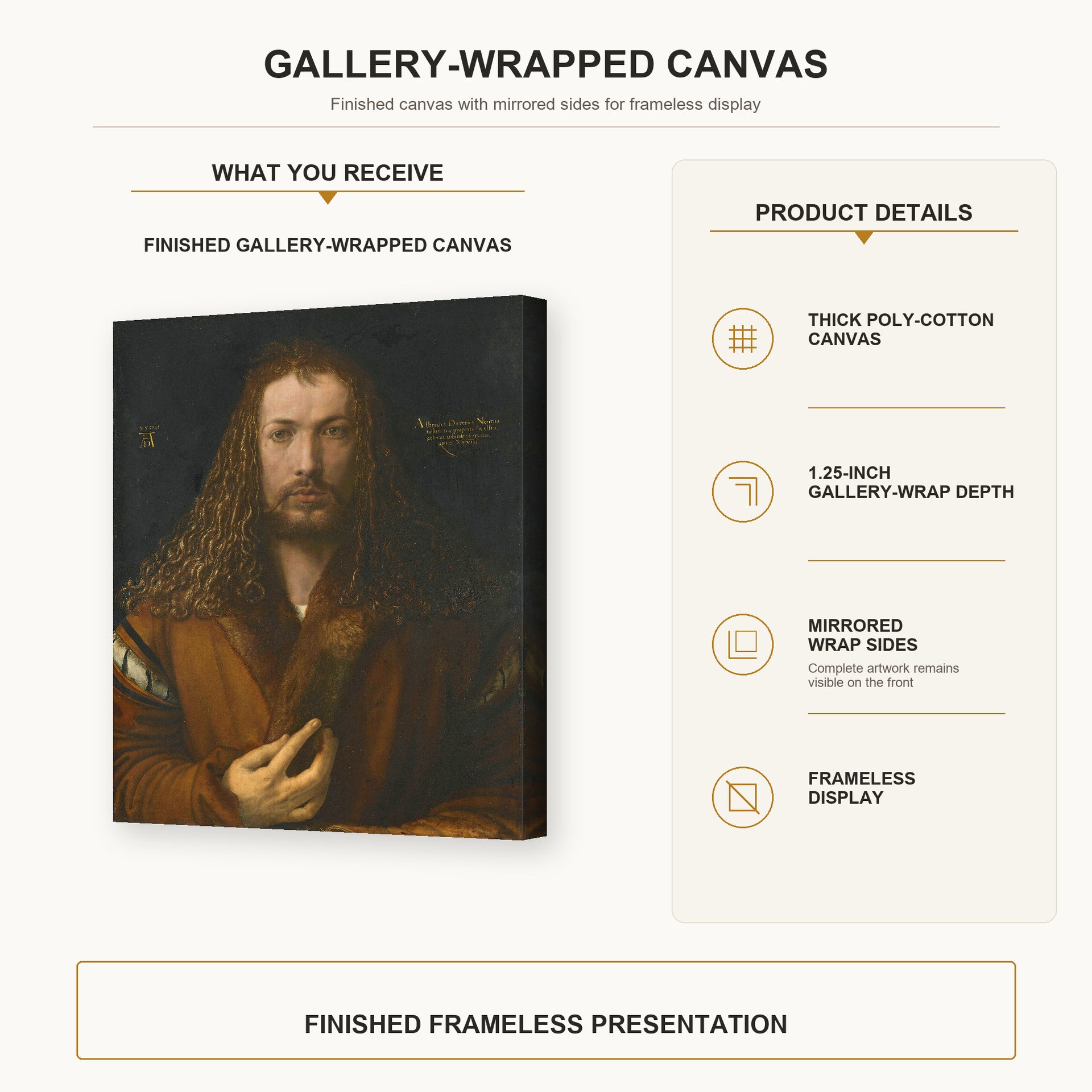 Albrecht Durer - Self Portrait at the Age of Twenty Eight 1500 - gallery wrap product details infographic