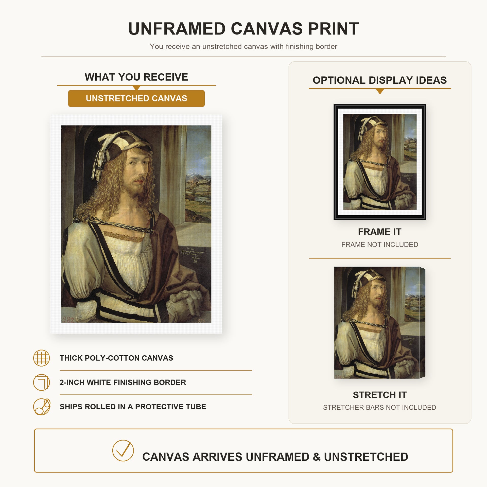 Albrecht Durer - Self Portrait at the Age of Twenty Six 1498 - canvas print combined product and display infographic frame and bars not included