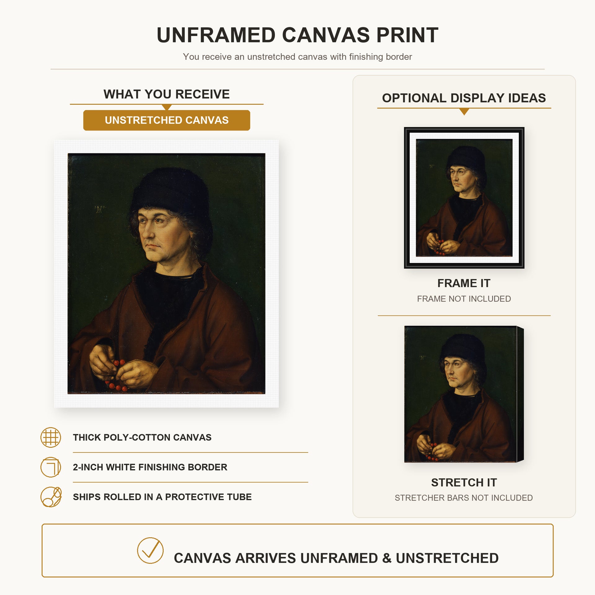 Albrecht Durer - The Elder with a Rosary - canvas print combined product and display infographic frame and bars not included