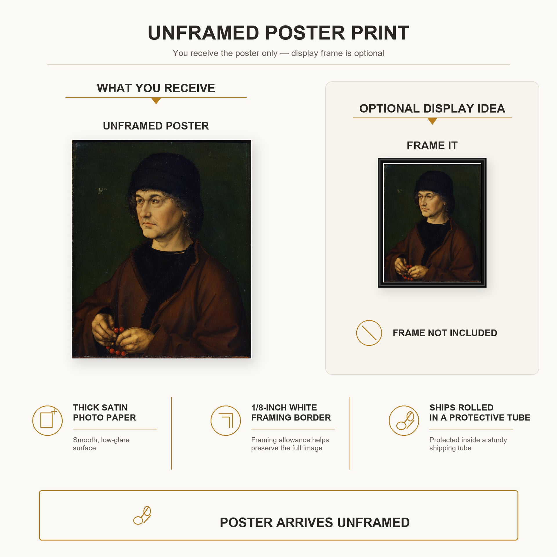 Albrecht Durer - The Elder with a Rosary - poster print combined product and display infographic