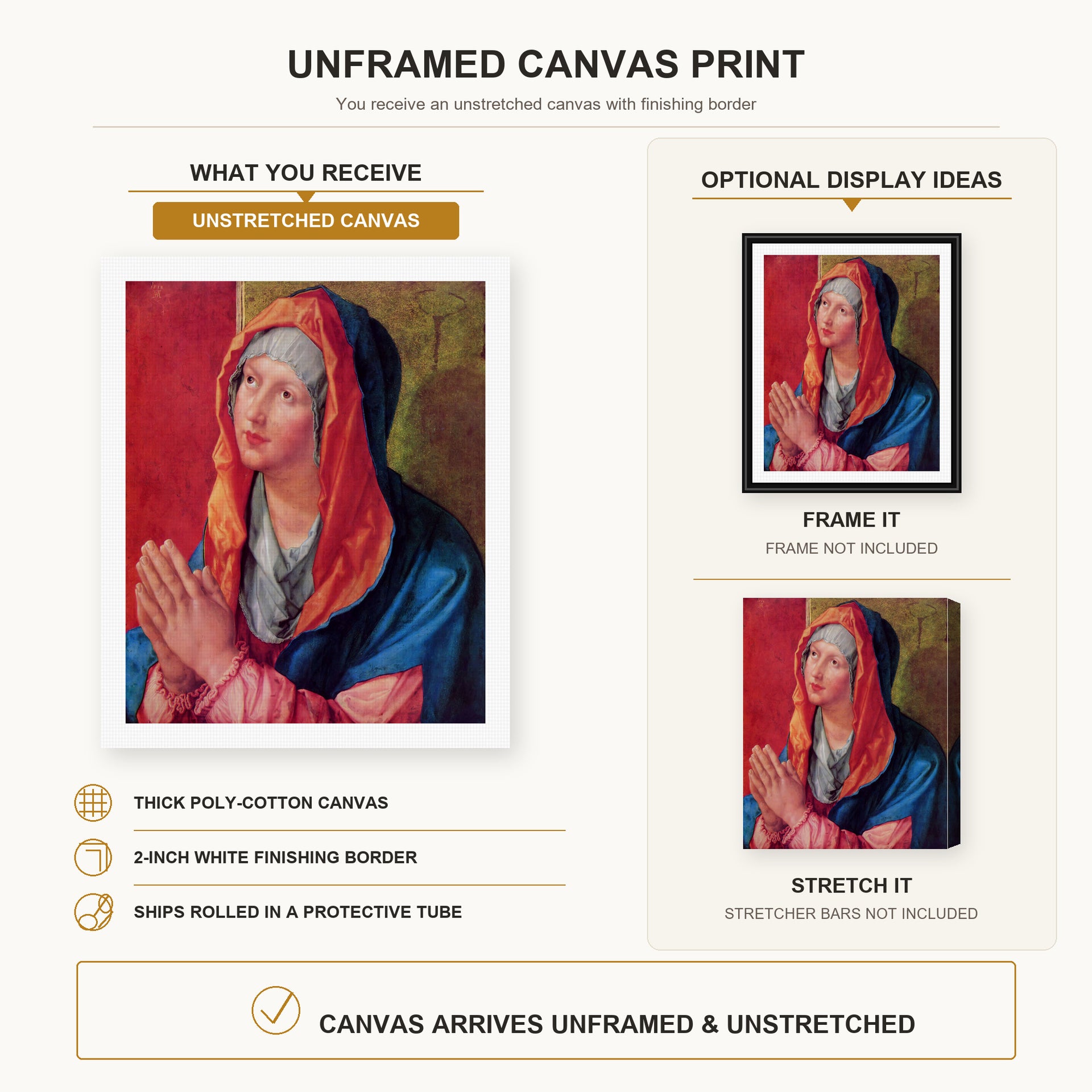 Albrecht Durer - The Virgin Mary in Prayer - canvas print combined product and display infographic frame and bars not included