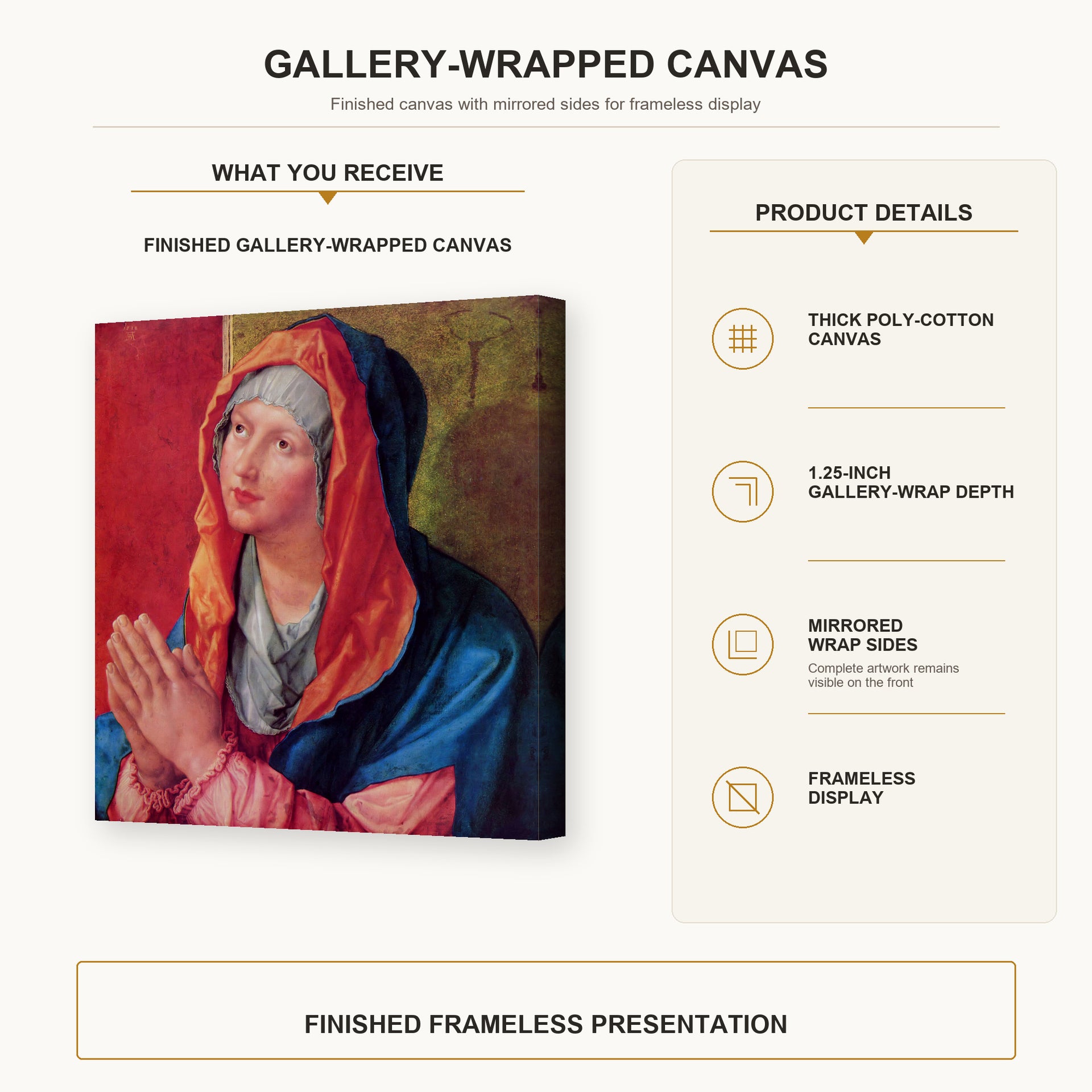 Albrecht Durer - The Virgin Mary in Prayer - gallery wrap product details infographic