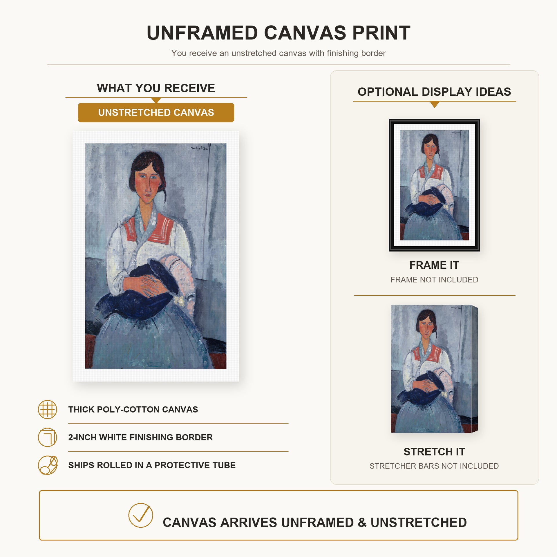 Amedeo Modigliani - Gypsy Woman with Baby canvas print size comparison and framing display infographic