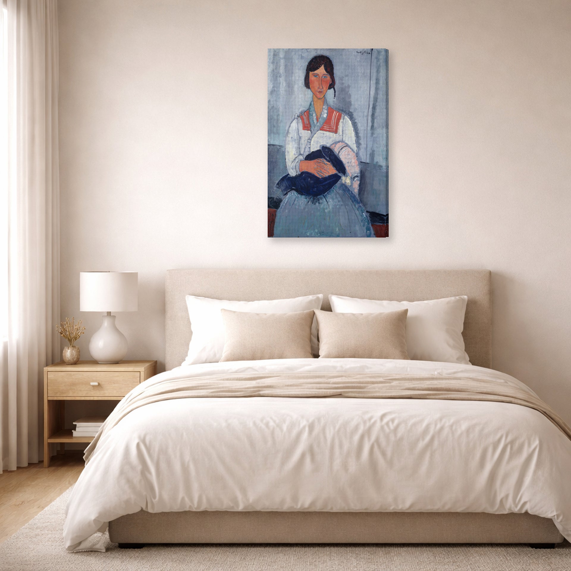 Gallery-wrapped canvas print of Amedeo Modigliani's Gypsy Woman with Baby displayed on a wall in a bedroom