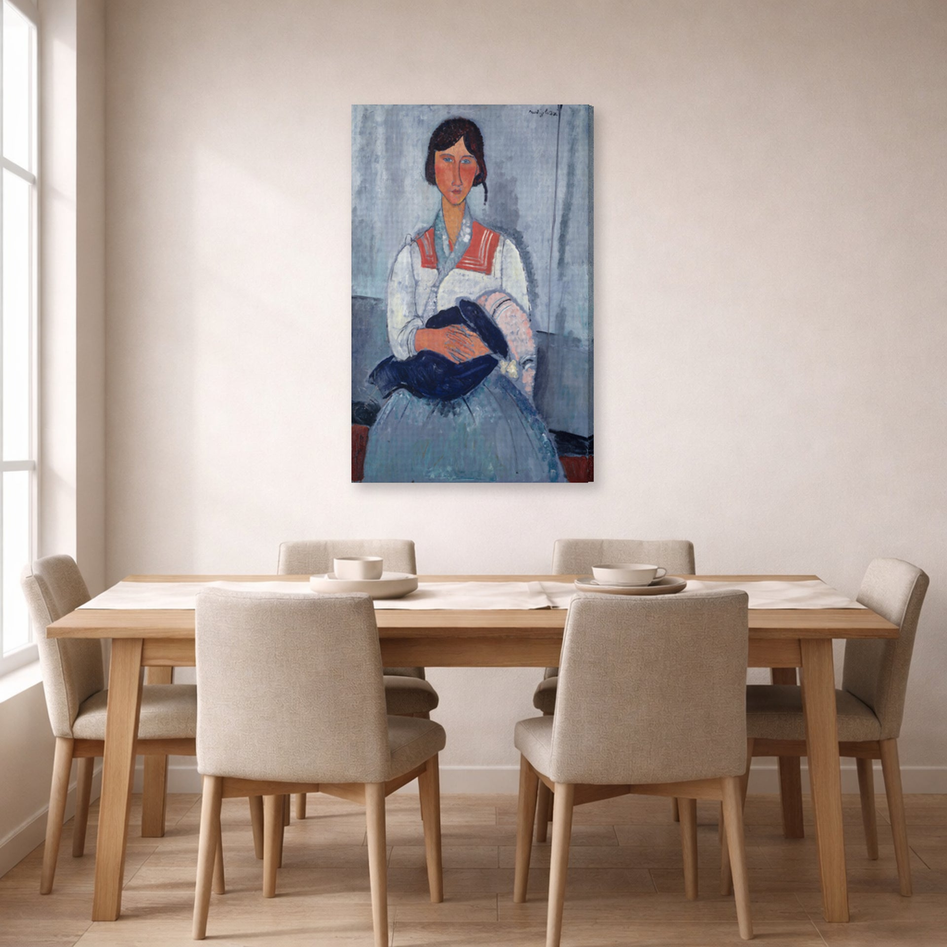 Gallery-wrapped canvas print of Amedeo Modigliani's Gypsy Woman with Baby displayed on a wall in a dining room