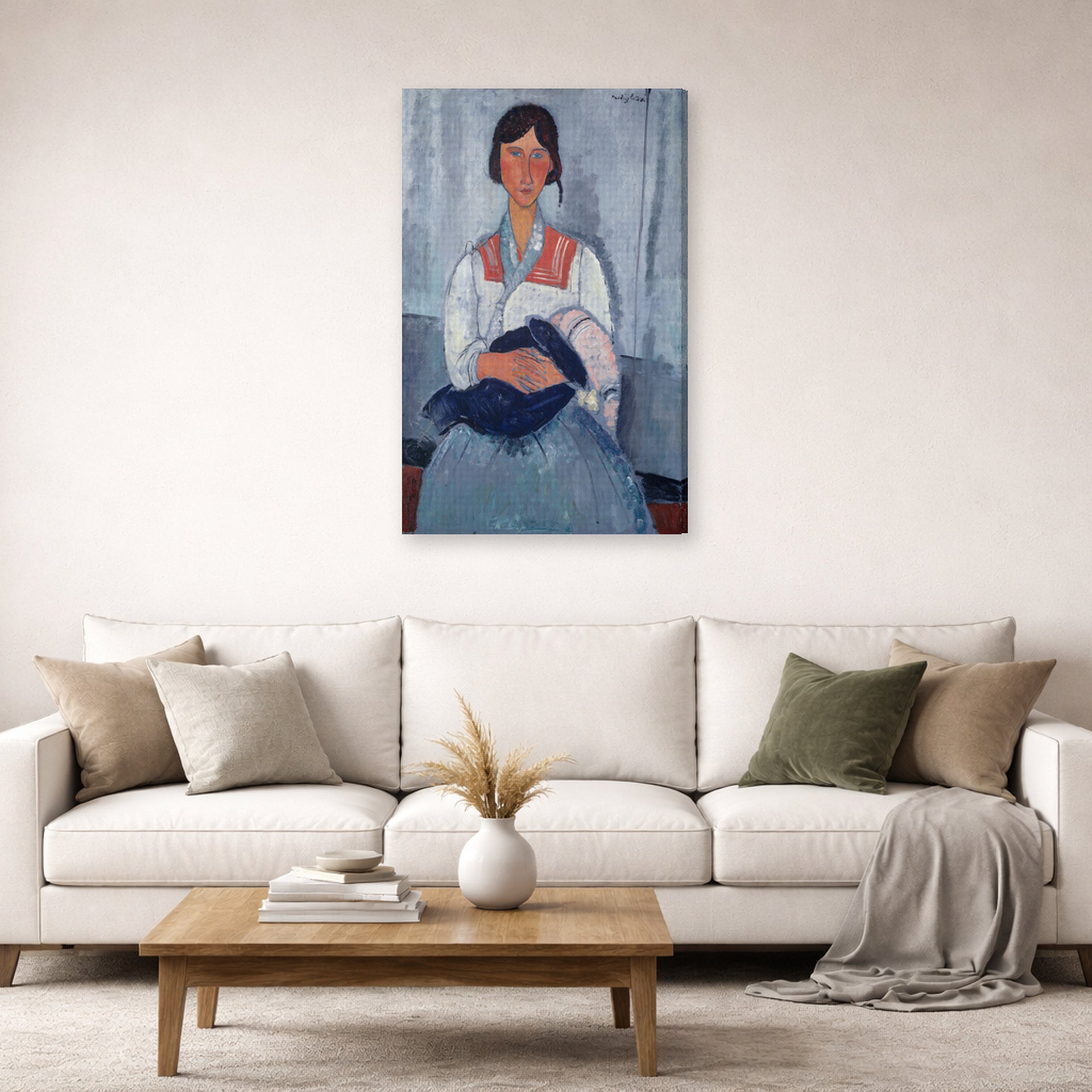 Gallery-wrapped canvas print of Amedeo Modigliani's Gypsy Woman with Baby displayed on a wall in a second living room setting