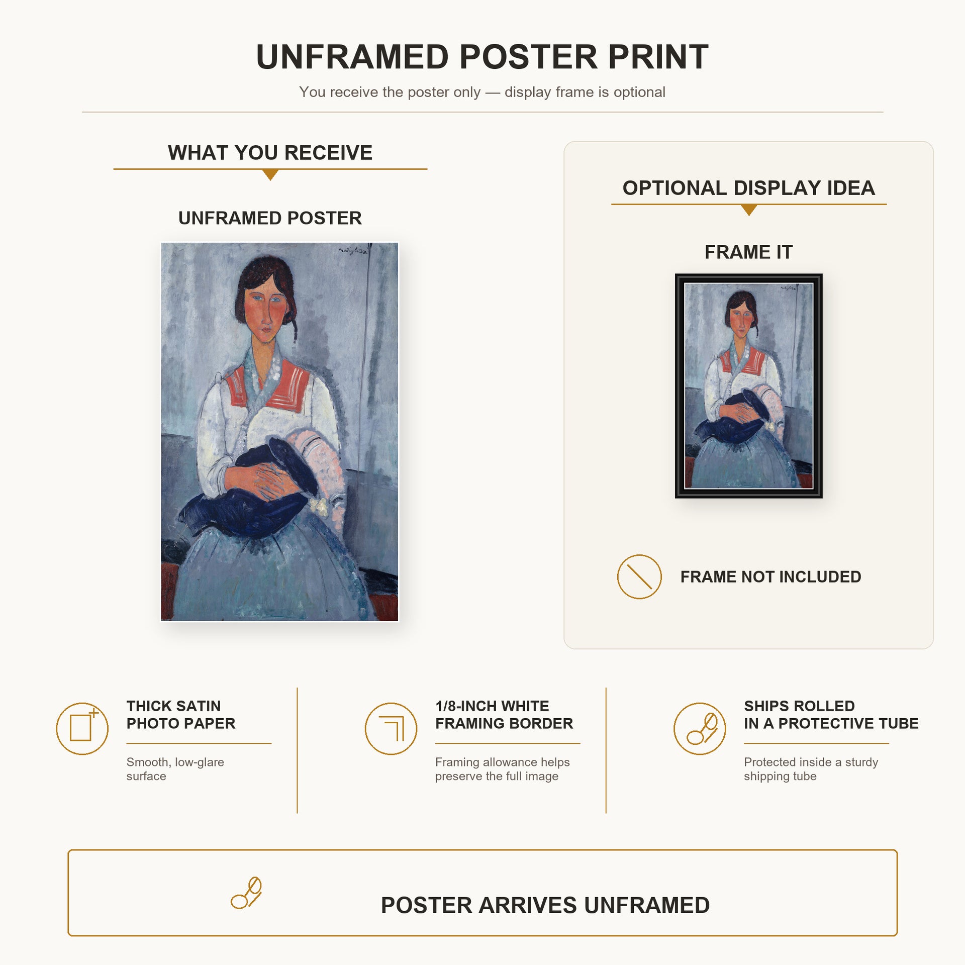 Amedeo Modigliani - Gypsy Woman with Baby poster print size comparison and framing display infographic