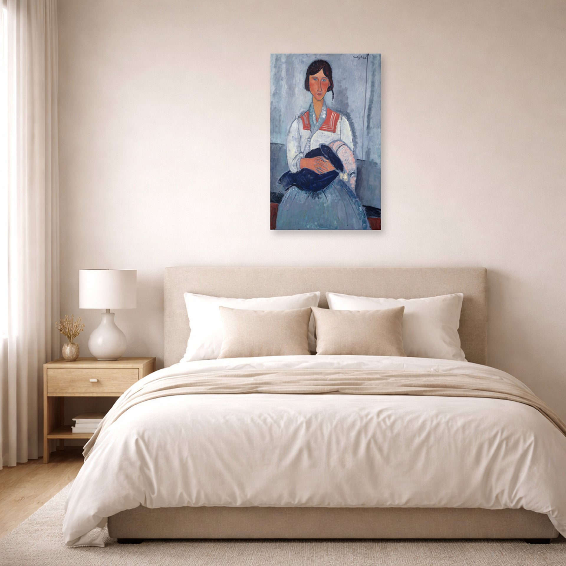 Unframed poster print of Amedeo Modigliani's Gypsy Woman with Baby displayed on a wall in a bedroom