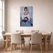 Unframed poster print of Amedeo Modigliani's Gypsy Woman with Baby displayed on a wall in a dining room