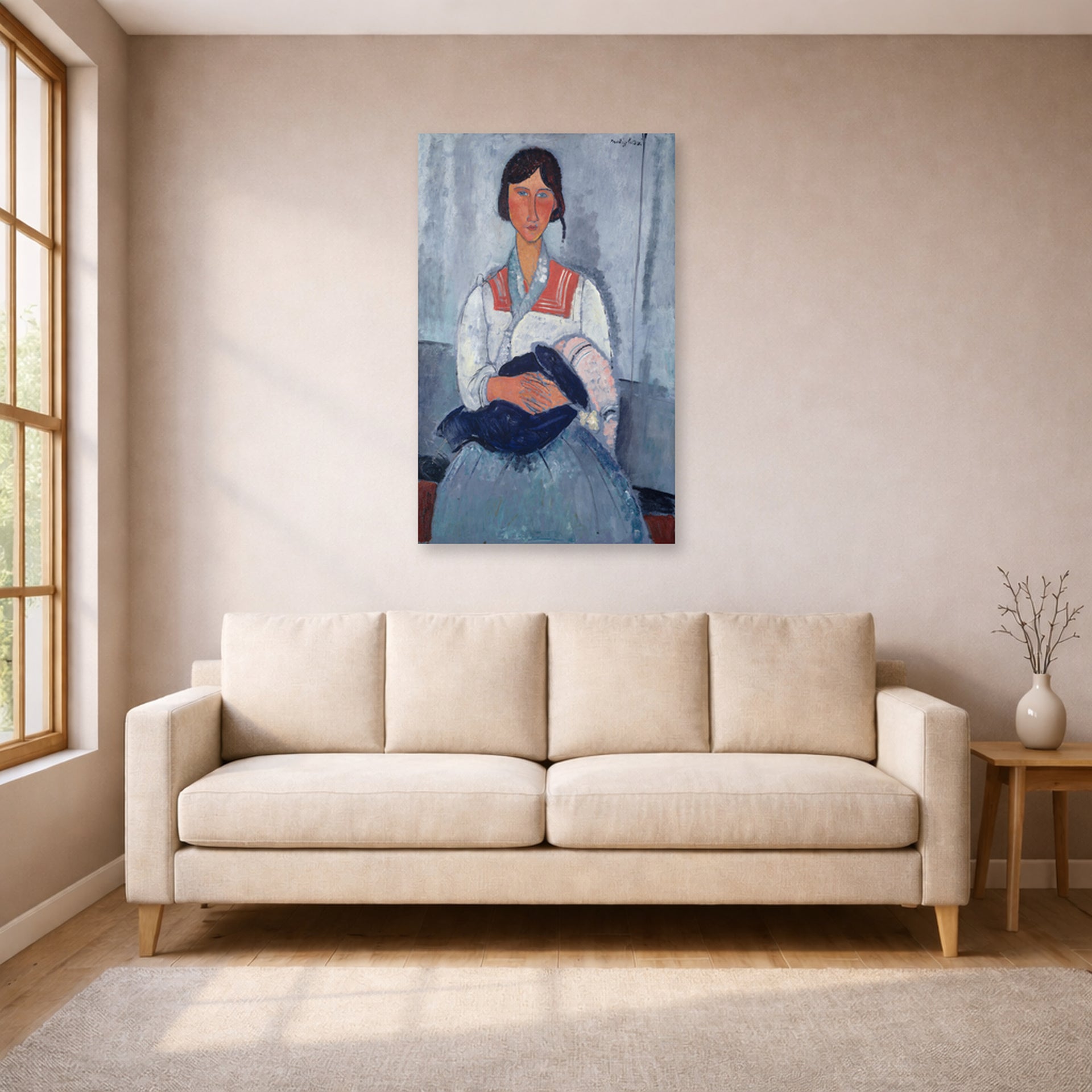 Unframed poster print of Amedeo Modigliani's Gypsy Woman with Baby displayed on a wall in a living room