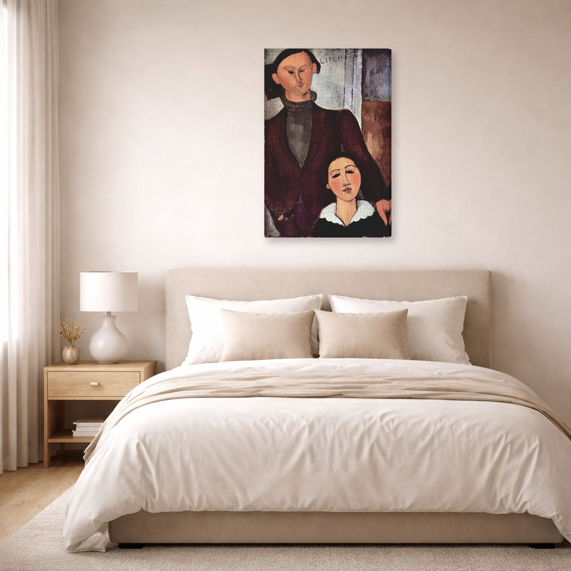 Gallery-wrapped canvas print of Amedeo Modigliani's Jacques and Berthe Lipchitz displayed on a wall in a bedroom