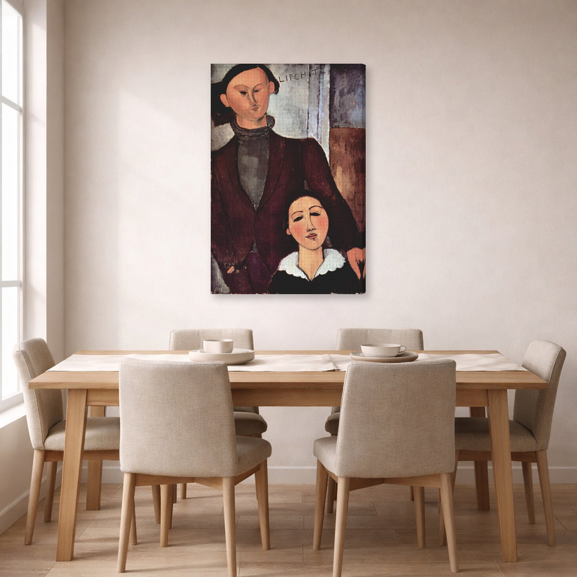 Gallery-wrapped canvas print of Amedeo Modigliani's Jacques and Berthe Lipchitz displayed on a wall in a dining room