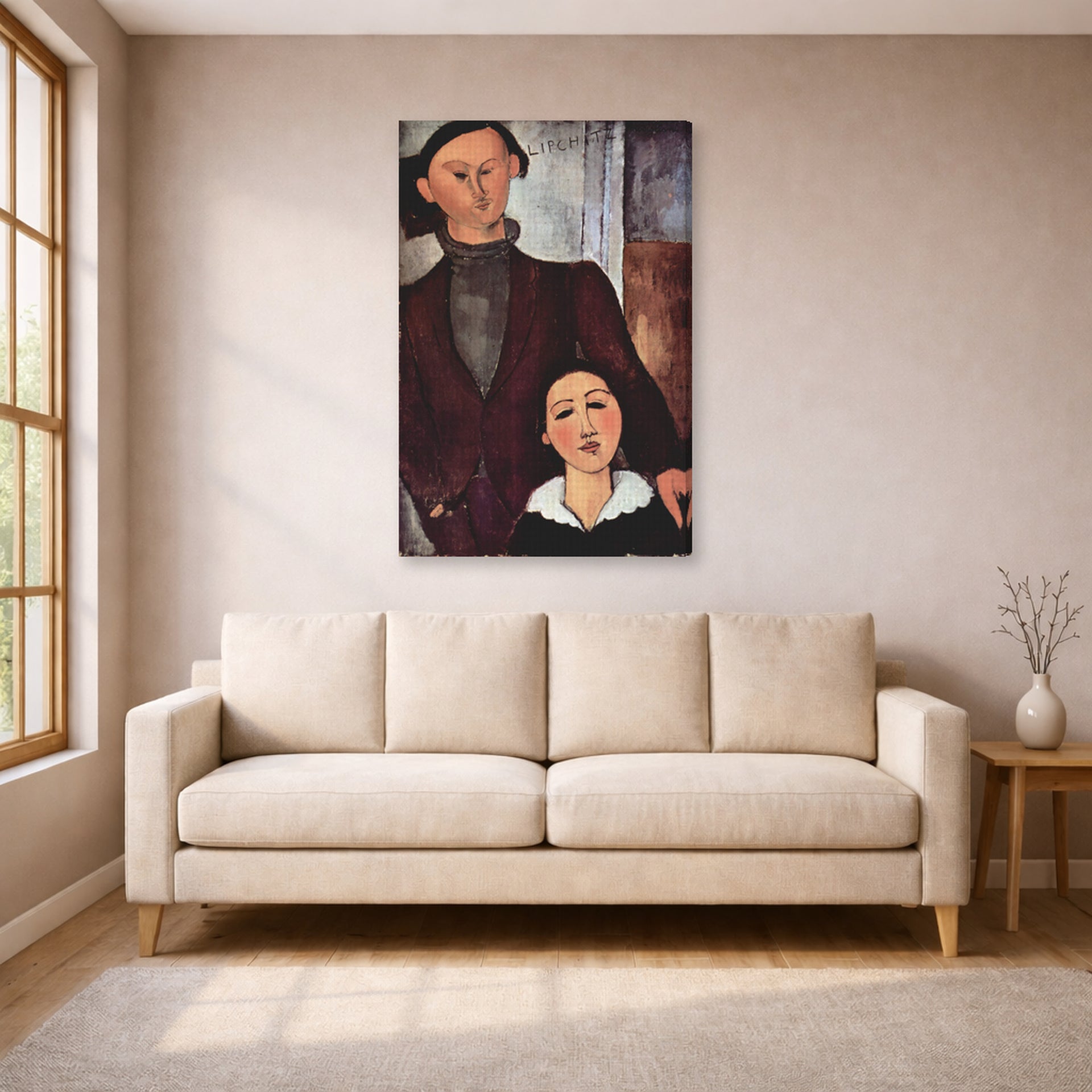 Gallery-wrapped canvas print of Amedeo Modigliani's Jacques and Berthe Lipchitz displayed on a wall in a living room