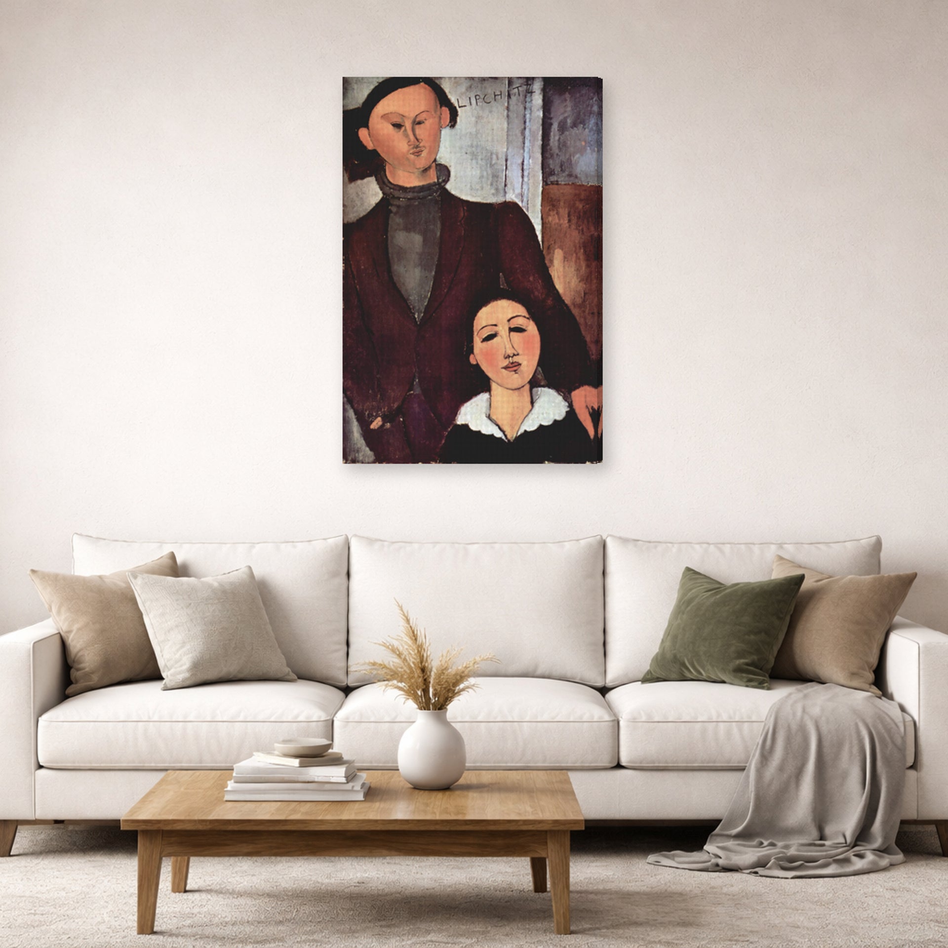 Gallery-wrapped canvas print of Amedeo Modigliani's Jacques and Berthe Lipchitz displayed on a wall in a second living room setting