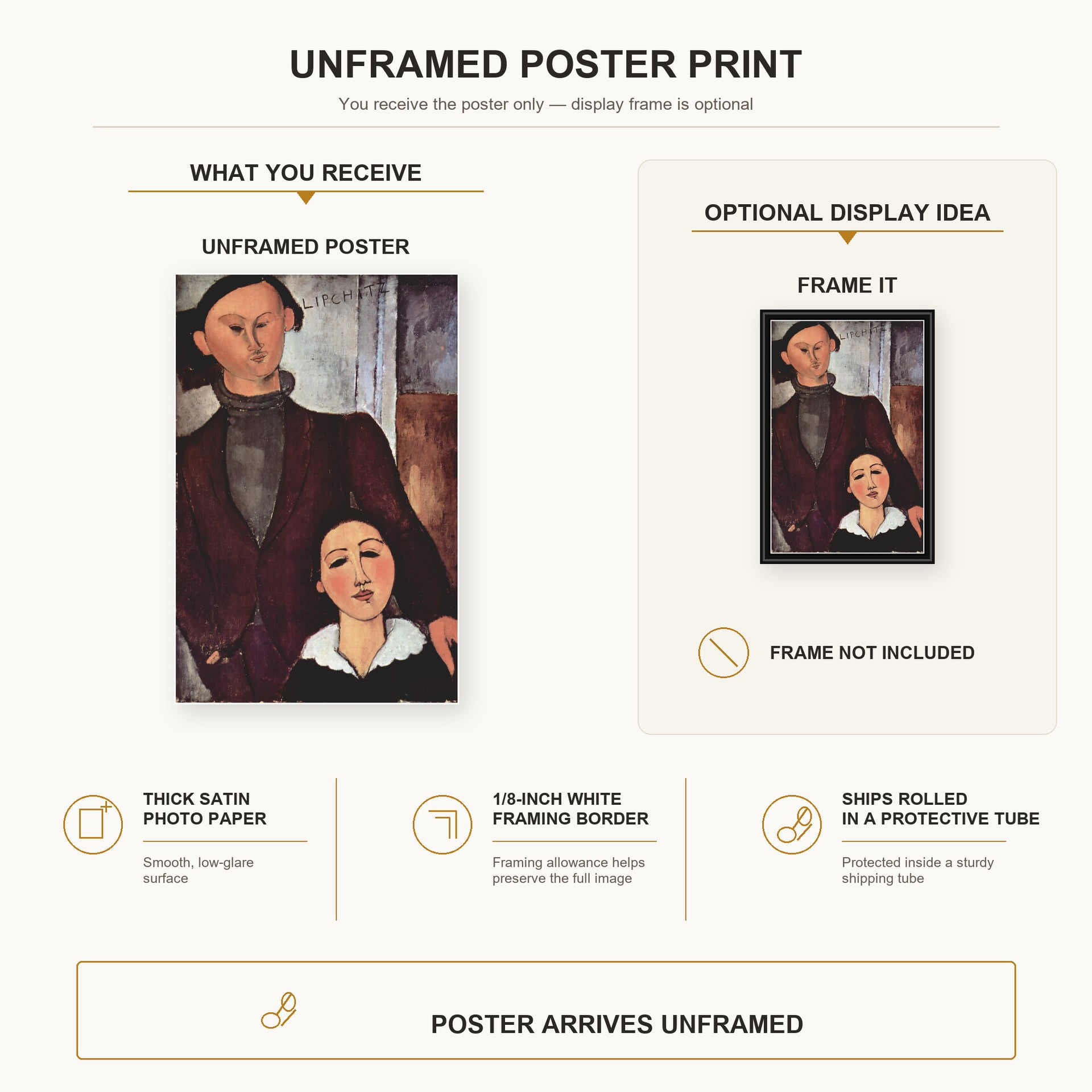 Amedeo Modigliani - Jacques and Berthe Lipchitz poster print size comparison and framing display infographic