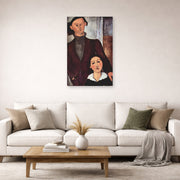 Unframed poster print of Amedeo Modigliani's Jacques and Berthe Lipchitz displayed on a wall in a second living room setting