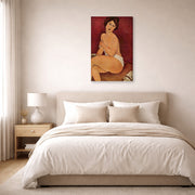 Gallery-wrapped canvas print of Amedeo Modigliani's Nude Sitting on a Divan (La Belle Romaine) displayed on a wall in a bedroom